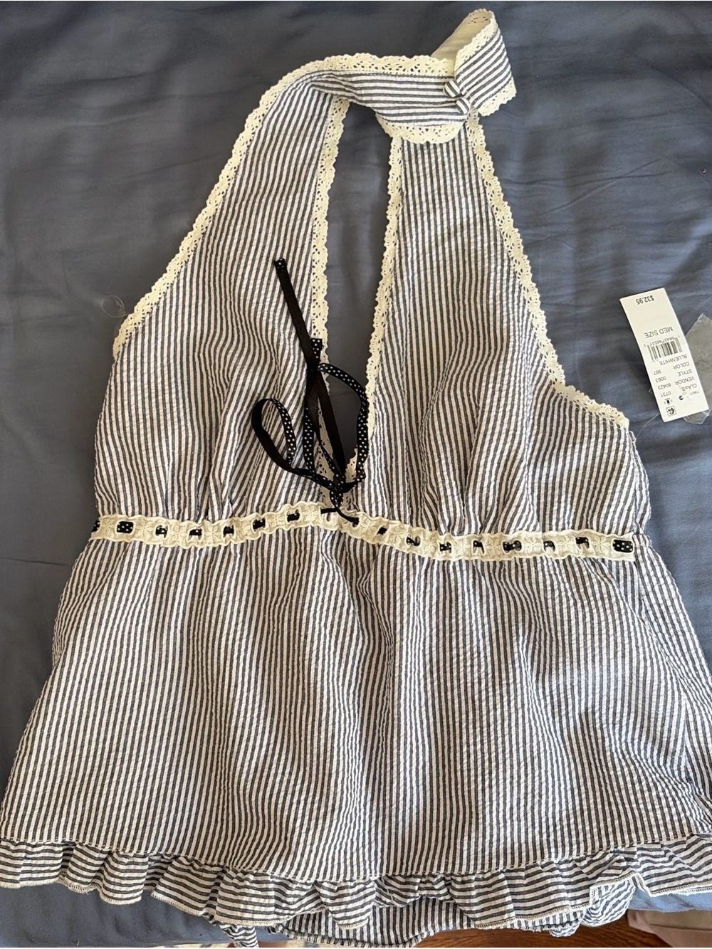 PacSun Blue & White Striped Gingham Top with Lace Trim